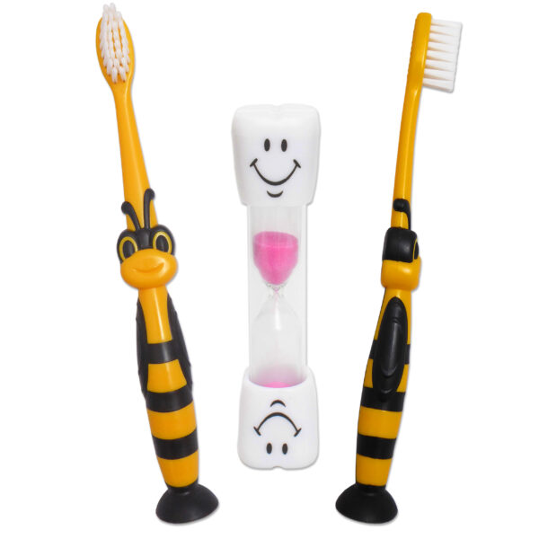 2 Children's bumblebee toothbrushes with Smile tooth-brushing timer Pink sand