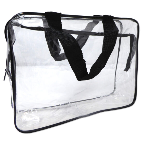 Clear plastic travel toiletry bag with black piping around edge. Black carry handles.