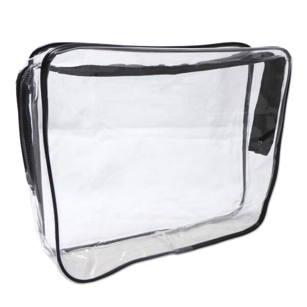 Clear plastic travel toiletry bag with black piping around edge.