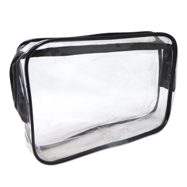 Clear plastic travel toiletry bag with black piping around edge.