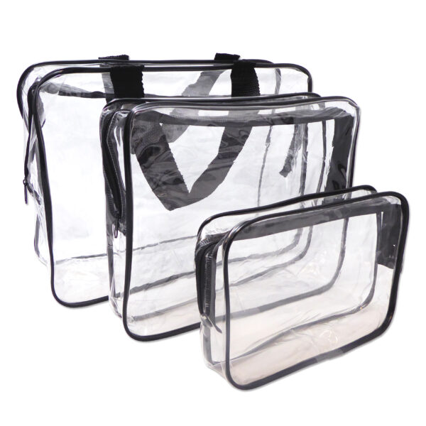 Set of 3 Clear plastic travel toiletry bags with black piping around edge. Small, medium and large.