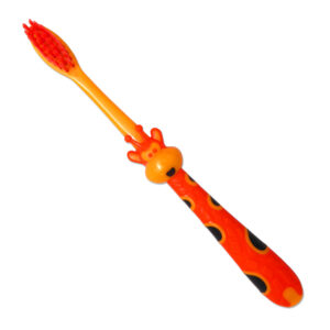 Children's manual toothbrush. Giraffe design, orange and yellow.