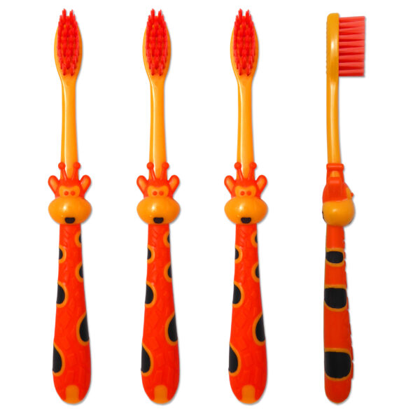 Children's manual toothbrushes. Giraffe design, orange and yellow.