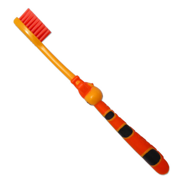 Children's manual toothbrush. Giraffe design, side view orange and yellow.