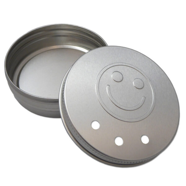 Metal retainer case with smiley face embossed on lid.