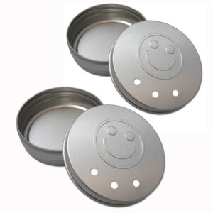 Silver Metal retainer cases with smiley face embossed on lid.