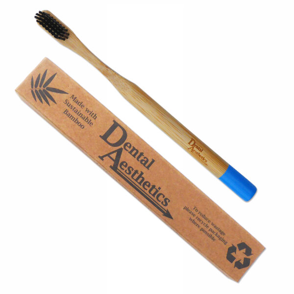 Adult bamboo toothbrush with firm black bristles.