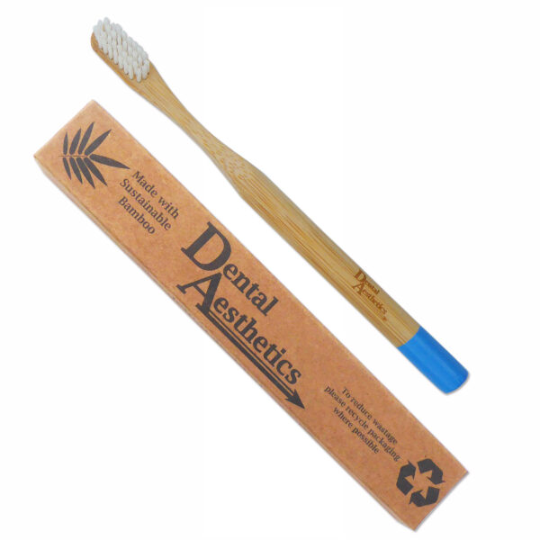 Adult bamboo toothbrush with firm white bristles.