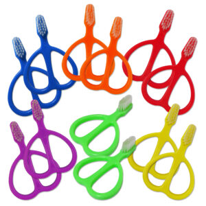 Bulk buy double handled toddler toothbrushes. Mixed colours.