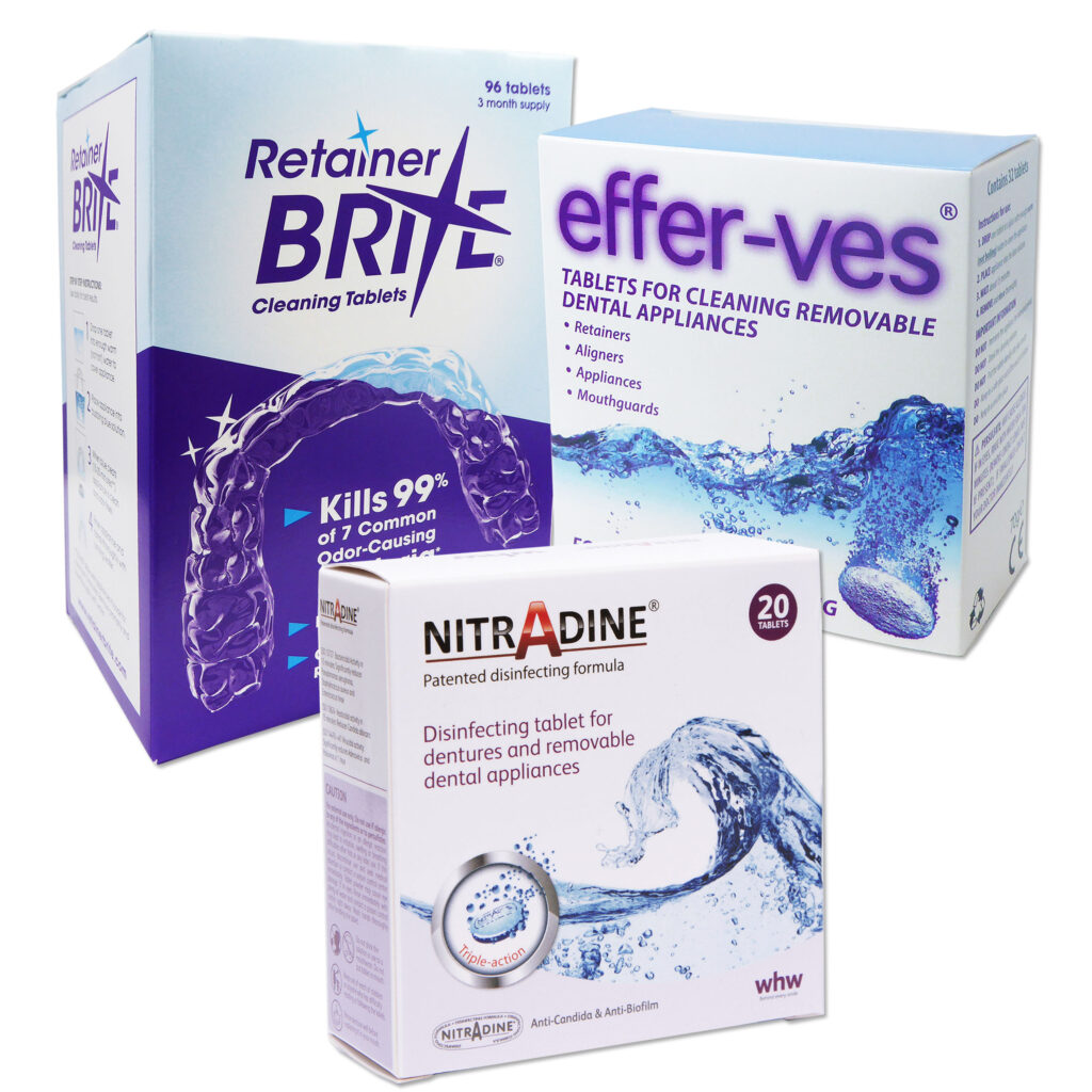 Range of orthodontic cleaning tablets for dental appliances.