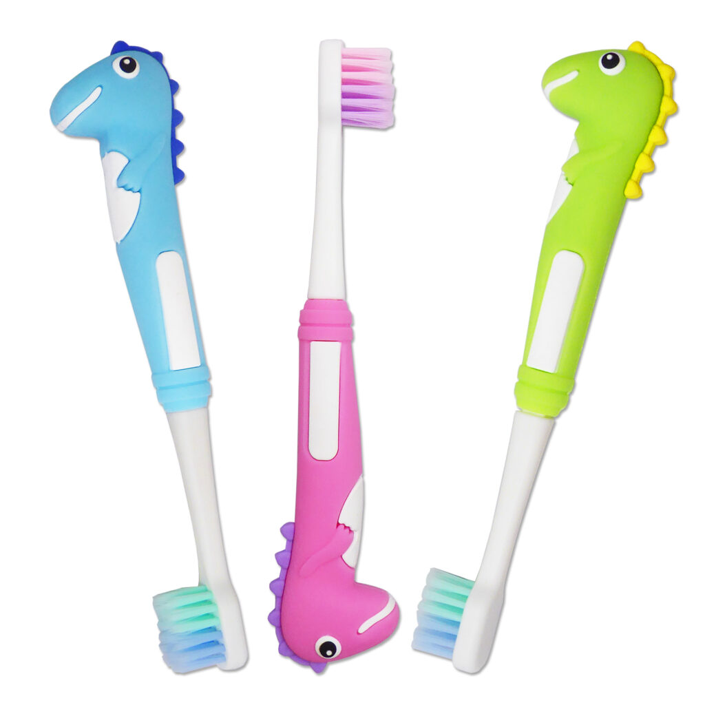 Set of 3 toddler toothbrushes with fun dinosaur handle and super soft bristles for small mouths. Blue, Pink and Green.